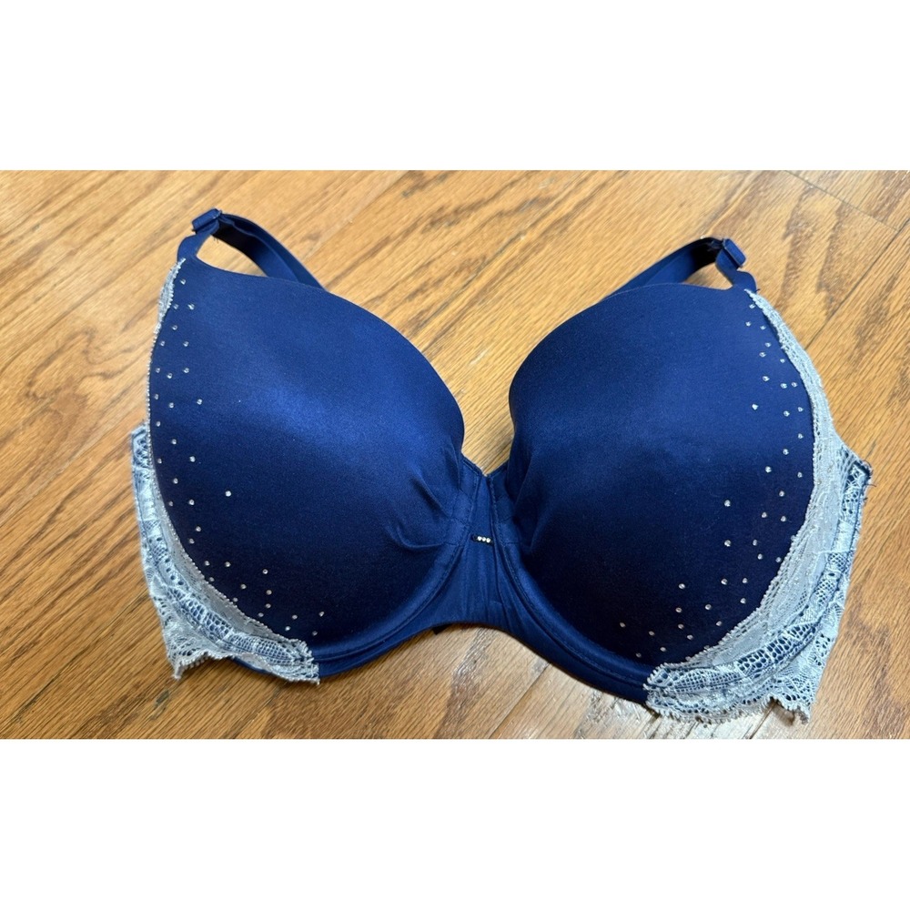 Victoria's Secret 34DD Lined Demi Bra Blue w/ White Lace Rhinestones Bling